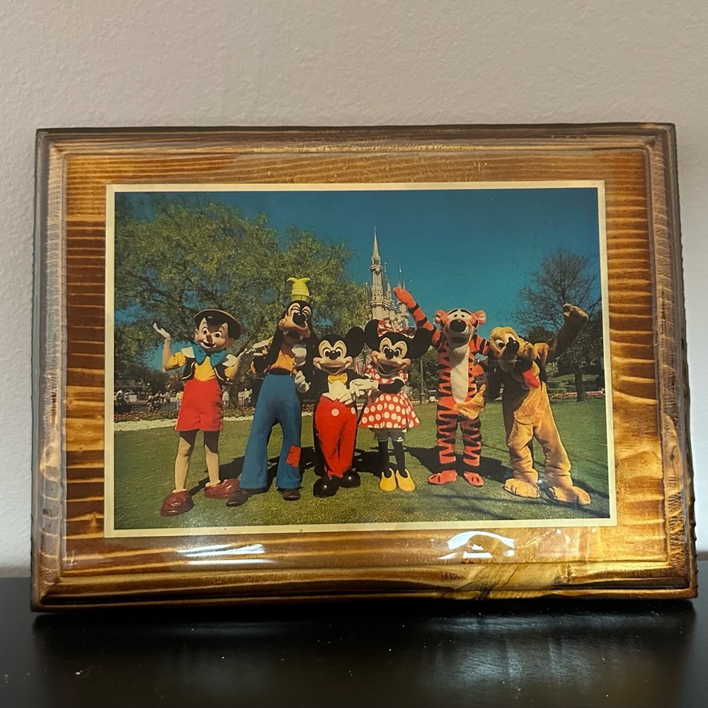 Vintage Disney Multiple Characters Castle Photo Glaze Onto Wood Picture